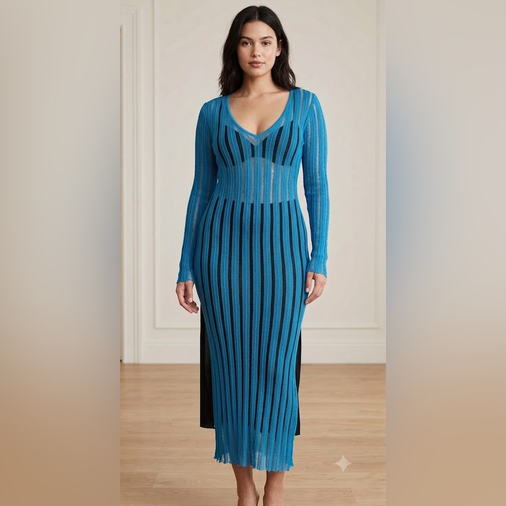 PrettyLittleThing Teal Ribbed V-Neck Long Sleeve Dress